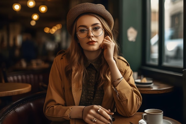 Coffee Shop Couture Lifestyle-afbeelding van een persoon die modieuze kleding draagt in een coffeeshop Generative Ai