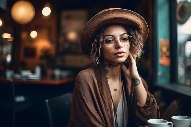 Coffee Shop Couture Lifestyle image of a person wearing fashionable clothing in a coffee shop Generative Ai