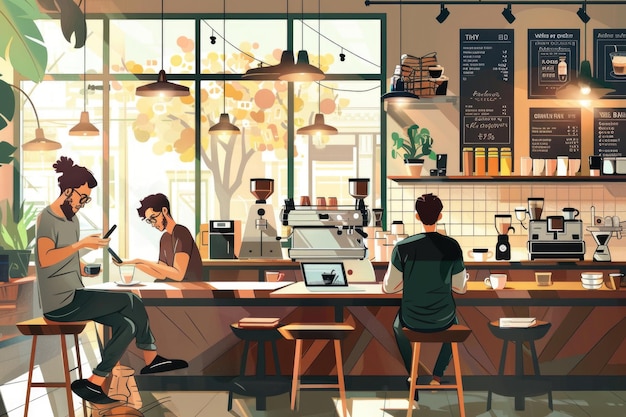 Клиенты кафе используют цифровые устройства в интерьере