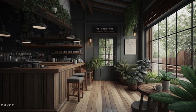 Coffee shop interior decorated with wood and natural plant design