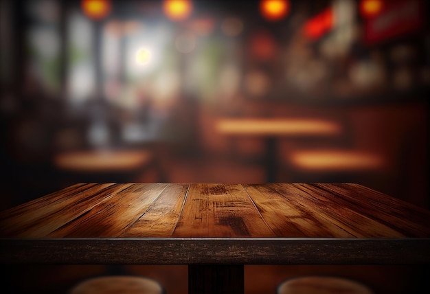 Coffee shop interior with empty wooden table and blurred background