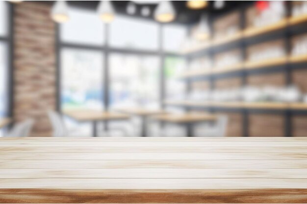 Coffee shop interior with wooden table in the foreground blurred