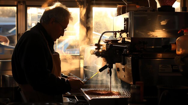 Foto il proprietario di una caffetteria lavora sodo a fare il caffè.