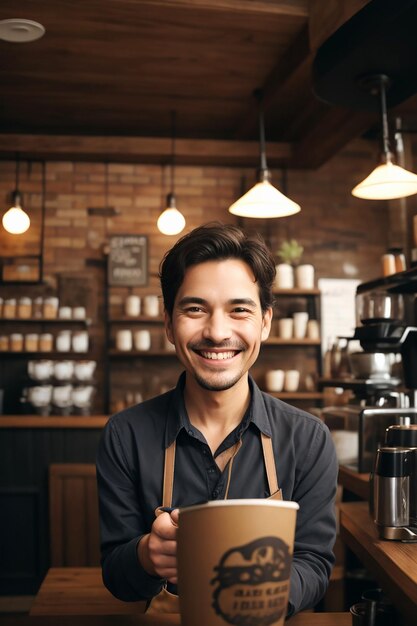 笑顔の写真を持つコーヒーショップのオーナー