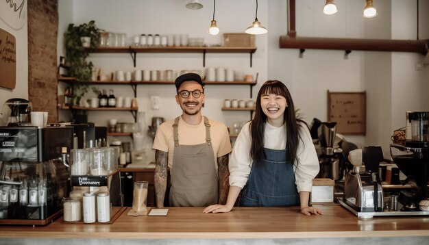 Coffee shop owners standing behind counter Generative ai illustration