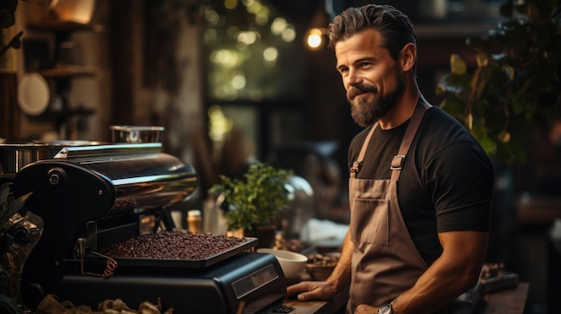Coffee shop Portrait of a handsome bearded man in apron standing near coffee machine