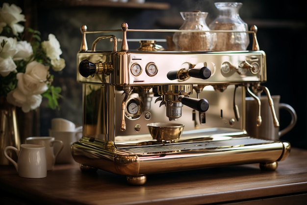 Photo coffee shop's vintage espresso machine with brass details