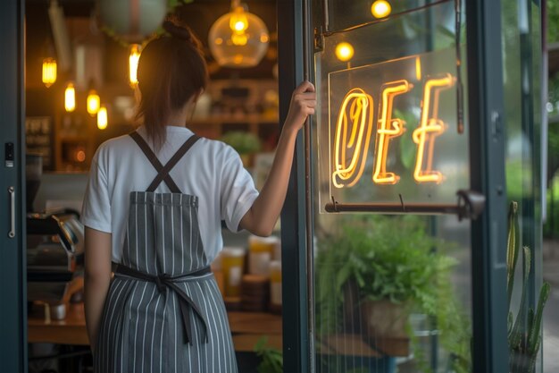 Photo a coffee shop staff holding a coffee tag