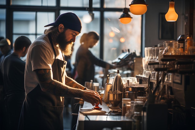 アメリカ合衆国のコーヒーショップのスタッフがコーヒーを作っている