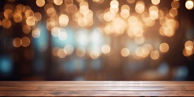 Photo coffee shop with abstract bokeh lights and product display table