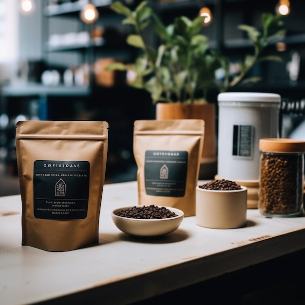 Photo a coffee shop with a bag of coffee beans and coffee beans