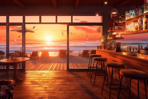 A coffee shop with a beautiful view of the sunset on the beach generative ai