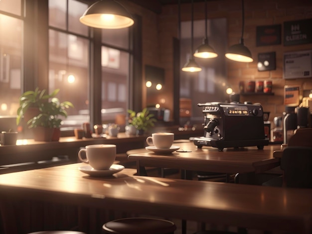 a coffee shop with a coffee machine and cups on the counter and a plant in the window