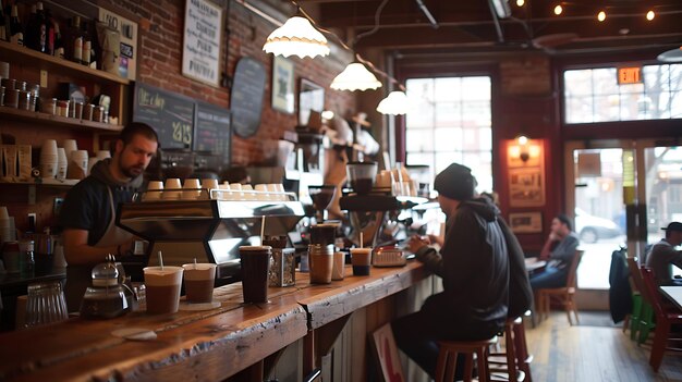 Foto un caffè con un cliente seduto al bancone e un barista che lavora dietro il bancone