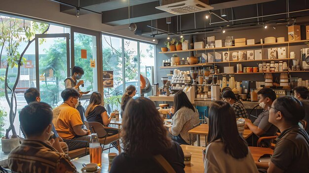 テーブルに座ってバリスタを聴いている人々のグループとコーヒーショップ