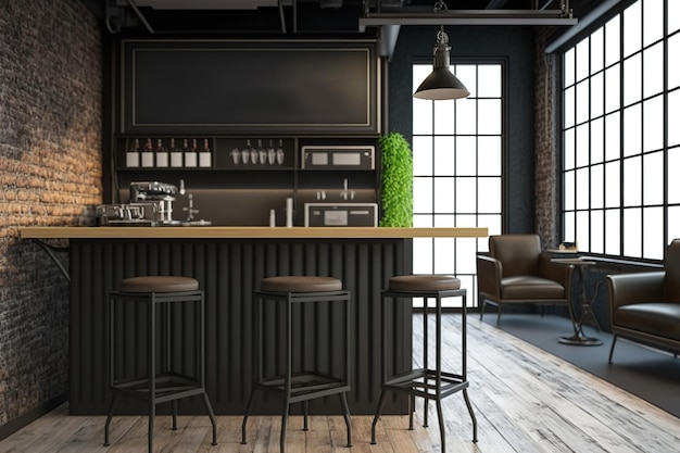 In the coffee shop with an industrial atmosphere a black bar counter and bar table