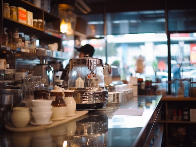 A coffee shop with a man working on a counter and a coffee maker on the counter.