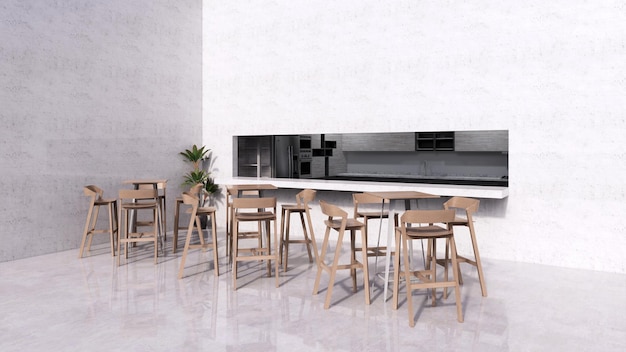 Кофейня с современным деревянным интерьером, непринужденной атмосферой и чистым помещением. 3д дизайн интерьера
