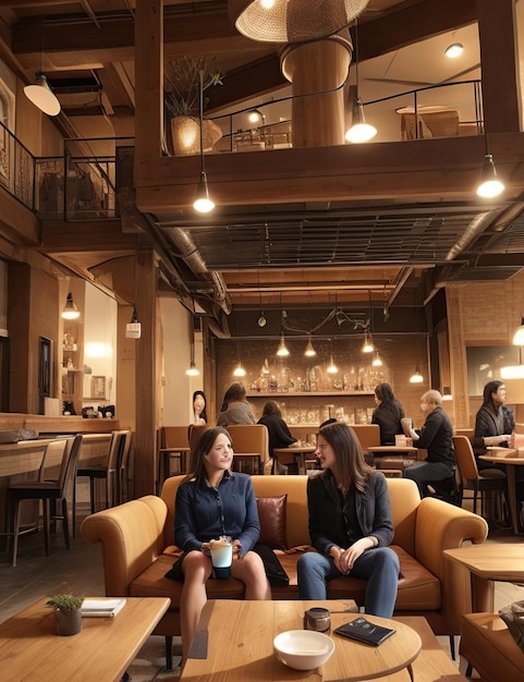 a coffee shop with warm lighting and people enjoying their coffee