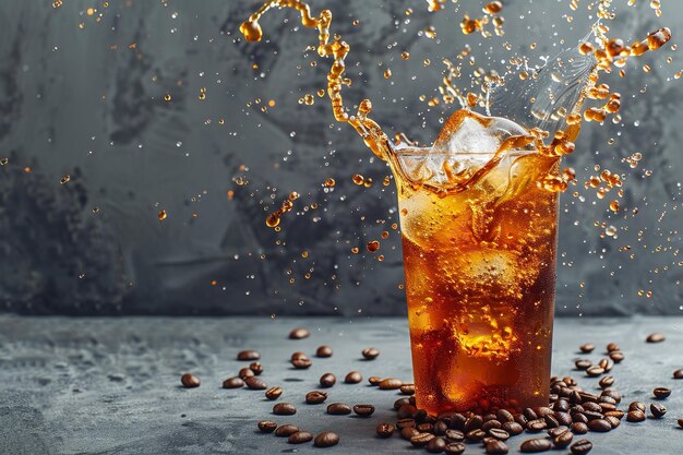 Coffee splash made of ice cubes and beans set against a backdrop of gray concrete with plenty of room for advertising Generative AI