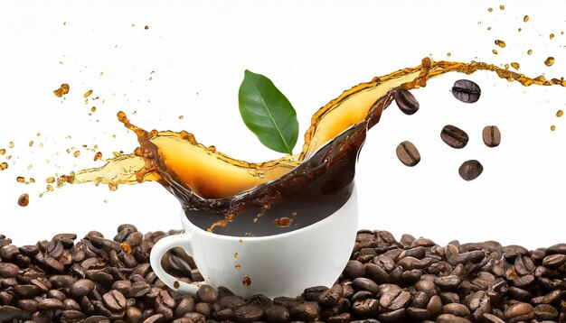 Photo coffee splash with coffee bean falling on white background