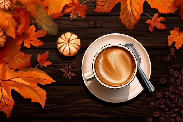 Coffee standing on wooden table decorated with autumn concept top view vector illustration Genera