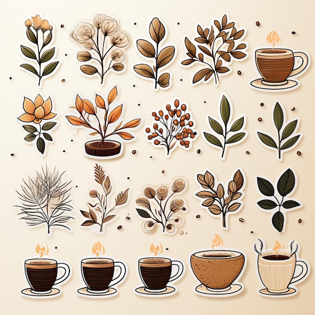 Photo coffee stickers simple botanical on white background