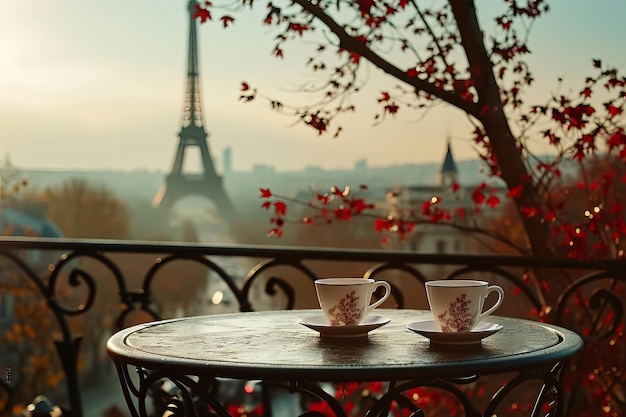 Photo coffee on table and eiffel tower in paris
