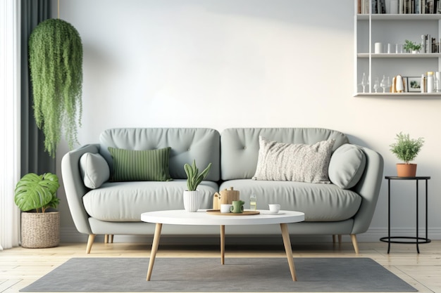 Coffee table in front of grey couch in scandinavian living room