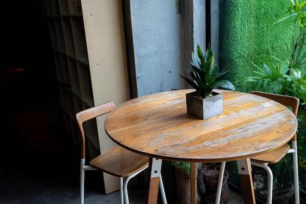 Coffee table or leisure corner table with natural light from window Plant and vase on the table