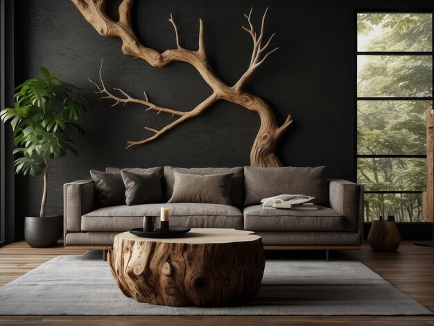 coffee table near rustic wood log sofa and chair against black wall with tree root ball wall decor