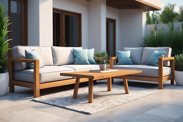 Coffee table sofa outside the house and equipment for work and leisure 3d and illustration
