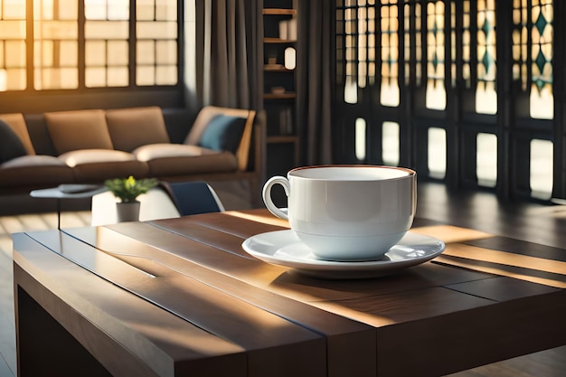 A coffee table with a cup on it in front of a window