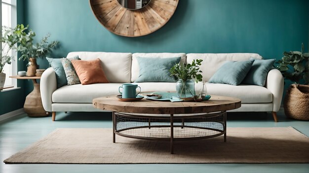 居間で居心地の良い青いソファーの近くにある室内植物と本のコーヒーテーブル