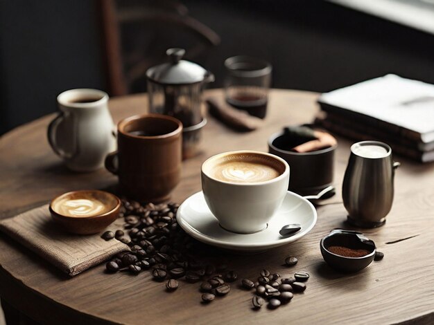 Coffee on the table with other items coffee beans and others