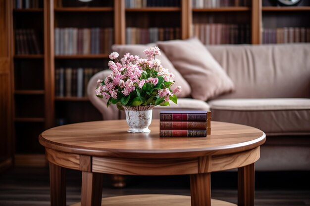 Фото Кофейный стол с вазой с цветами на нем и книжной полкой на заднем плане