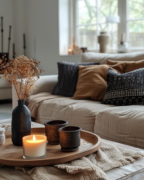 coffee table with a wooden tray