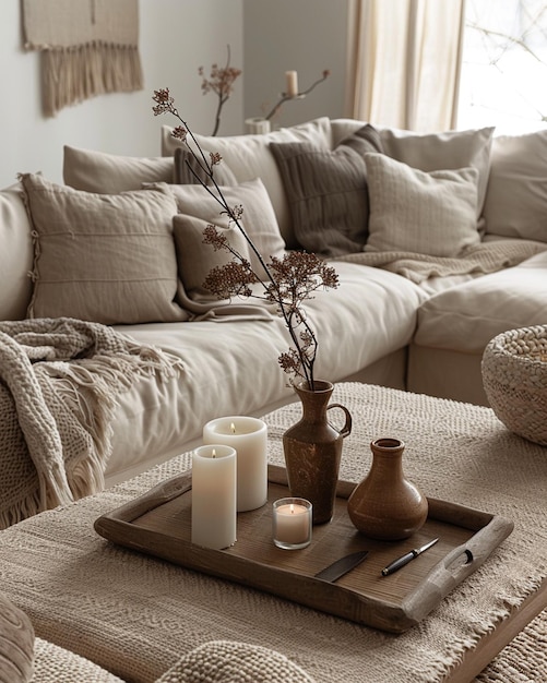 coffee table with a wooden tray