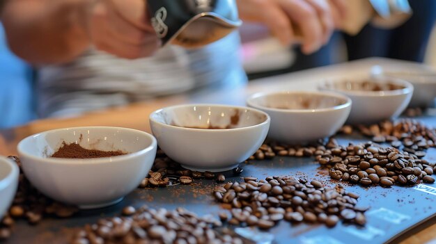 Photo coffee tasting a closeup of three white cups of coffee on a table coffee beans are scattered on the table the background is blurred