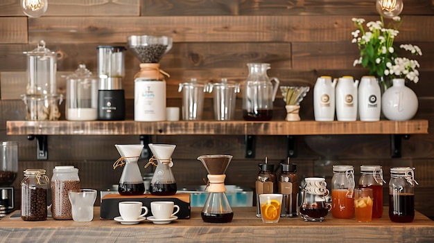 Photo coffee and tea shop coffee and tea making equipment and ingredients on a wooden counter