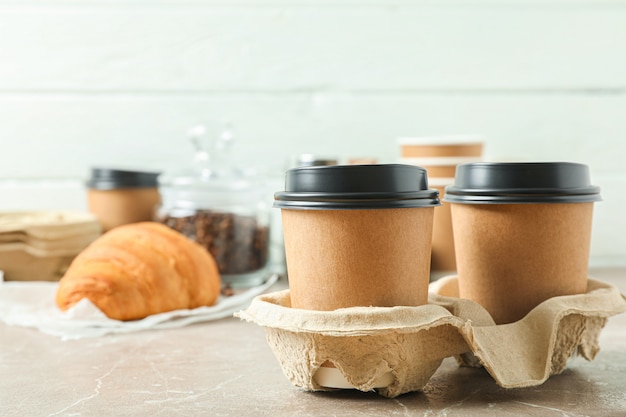 Coffee time accessories on grey table