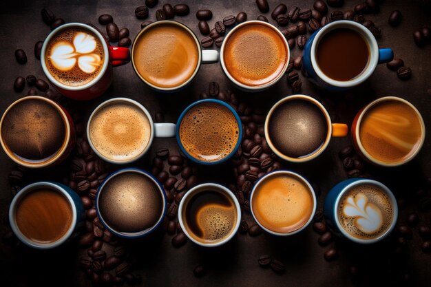 Foto orario del caffè esplorare una gamma di deliziosi caffè in diverse tazze