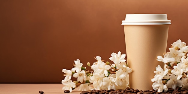사진 색 꽃을 가진 베이지색 배경에 커피 콩을 가진 일회용 친환경 카드 컵과 함께 봄 구성 택배 커피 개념 모
