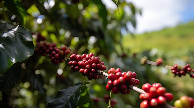 Coffee tree with red coffee beans on coffee plantation Generative AI