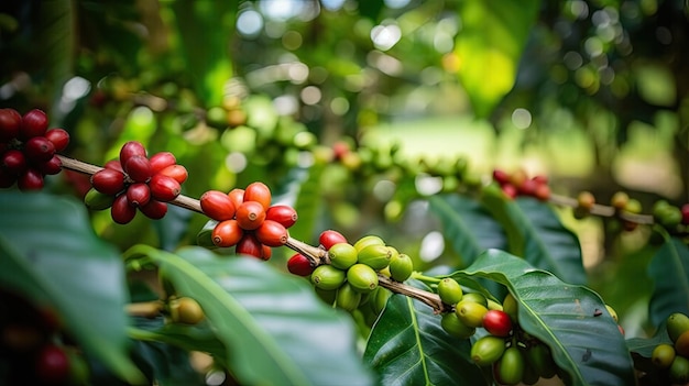 Foto pianta del caffè con chicchi di caffè rossi sulla piantagione di caffè ia generativa