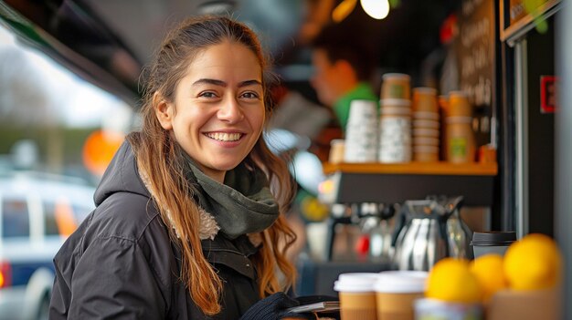 Coffee truck barista with a cheerful smile accepting a contactless payment from a customer