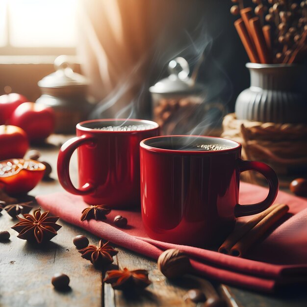 Coffee for Two Red Mugs on a Table