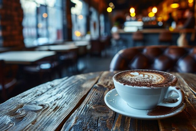 Foto caffè in tazza bianca su un tavolo di legno in un caffè