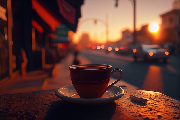 Foto caffè in una tazza bianca su un tavolo di legno al tramontogenerativo ai