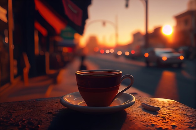 Coffee in a white cup on a wooden table at sunsetgenerative ai